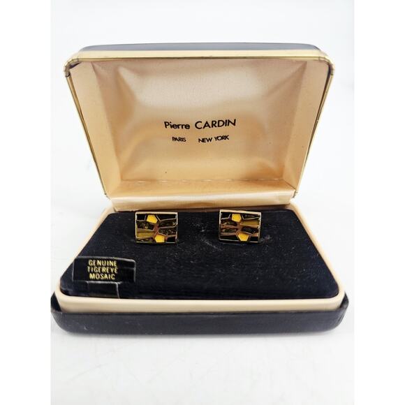 Rare Pierre Cardin Genuine Tiger Eye Inlay Mosaic Gold Tone Cufflinks NOS - Picture 1 of 9